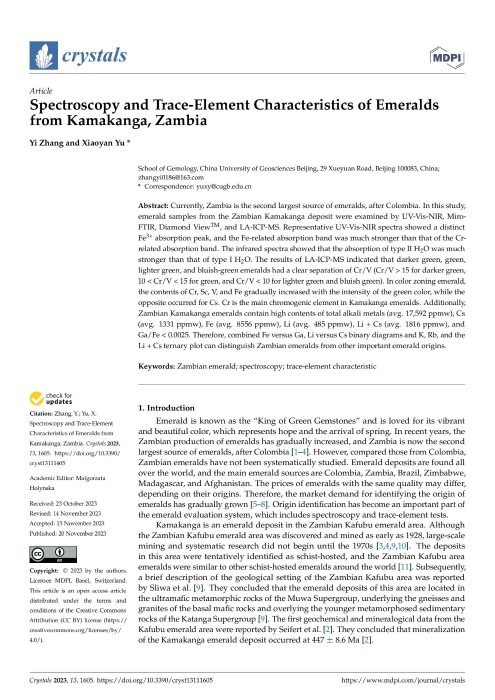 张艺-余晓艳-Spectroscopy and Trace-Element Characteristics of Emeralds from Kamakanga, Zambia_00