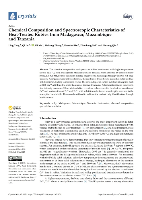 杨灵-卢琪-Chemical composition and spectroscopic characteristics of heat-treated rubies from Madagascar, Mozambique and Tanzania_00